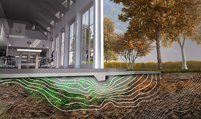 An artist's impression of bacteria forming the foundations of a building
